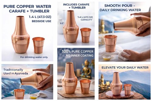 Pure Copper Water Carafe with Tumbler – 1.4L (47.3 oz) Bedside Copper Flask for Drinking Water, Ayurveda Health Benefits