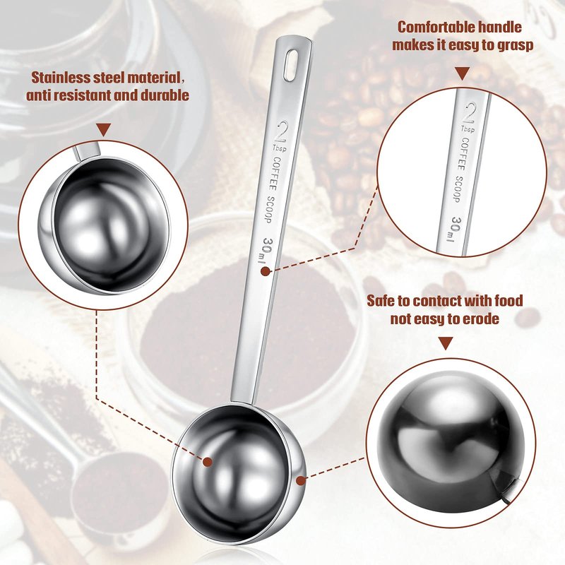 Geiserailie 4 Pcs 2 Tablespoon Scoops with Long Handle, 30 ml Stainless Steel Measuring Spoon for Coffee Milk Fruit Powder, Loose Tea Dry, Spice Jar, Cooking Baking, and Other Dry Goods