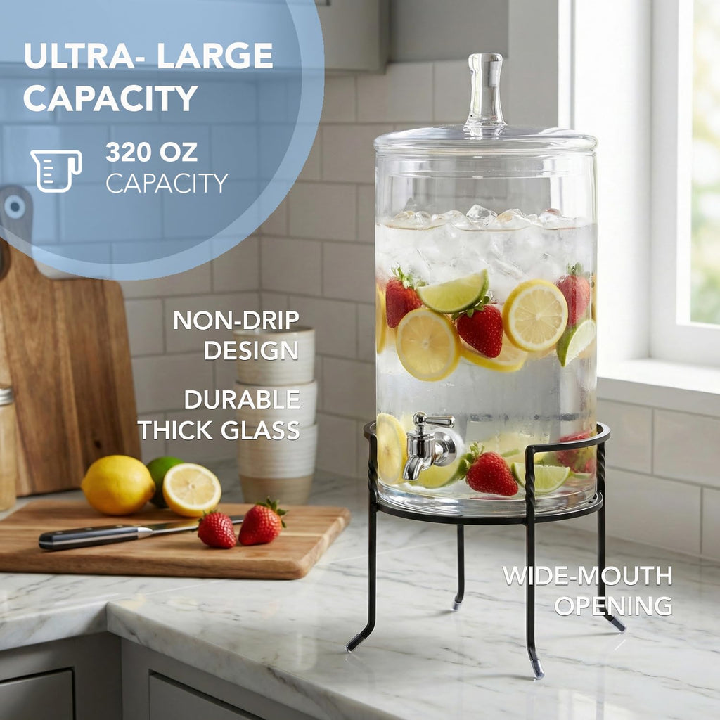 Style Setter Beverage Dispenser with Stand - 2.5 Gallon Large Countertop Glass Drink Dispenser w/Spigot & Lid - Party Drink Dispenser for Sweet Tea Lemonade Punch Water, Juice Dispensers for Parties