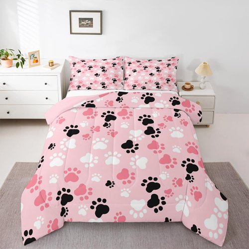Feelyou Kids Dog Comforter Set - Twin Size, Kawaii Dog Animals Print Bedding Set - Pink, White, Black Duvet & Quilt Set (2Pcs)