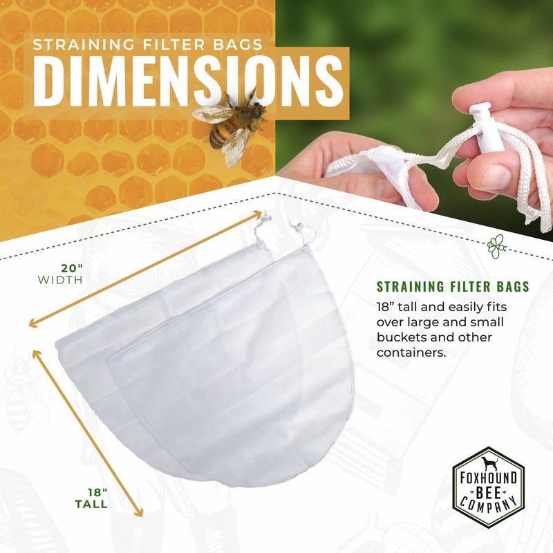 2 Pack Reusable and Washable 20"x18" Filter with Adjustable Drawstring for Straining and Filtering Honey, Wax, Beer, Nut Milk and More Through Nylon 600 Micron Mesh in a 5 Gallon Bucket