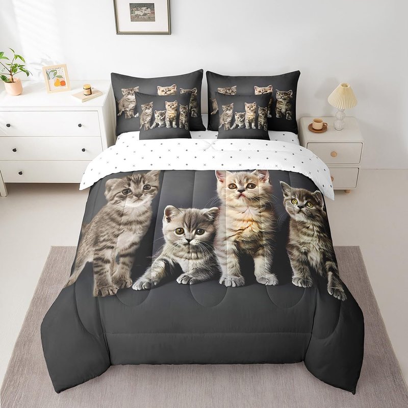 Feelyou Cat Comforter Set Twin Size 7 Pieces Girls Kids Pet Cats Bedding Set Cute Kitten Bed in a Bag for Teens Lovely Animal Bed Set with Comforter, Sheet Set, Pillowcases, Pillow Covers Room Decor