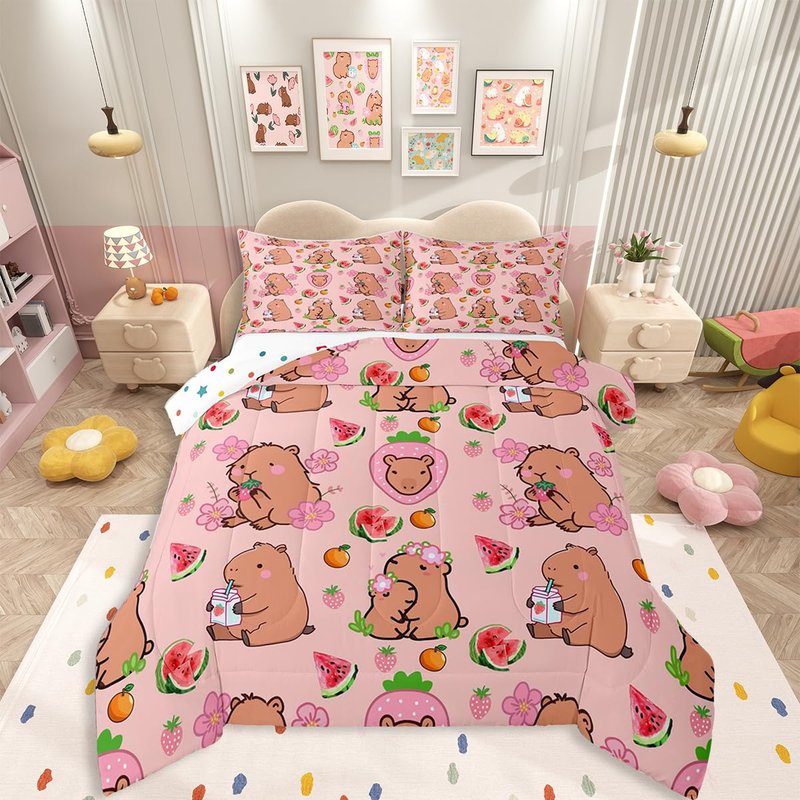 Capybara Lover Bedding Set, Capybaras Decor Comforter Set Twin For Kids Girls Bedroom, Cartoon Rodent Animals Quilted Duvet Capybara Decorations Watermelon Strawberry Duvet Insert Kawaii Decor, Pink