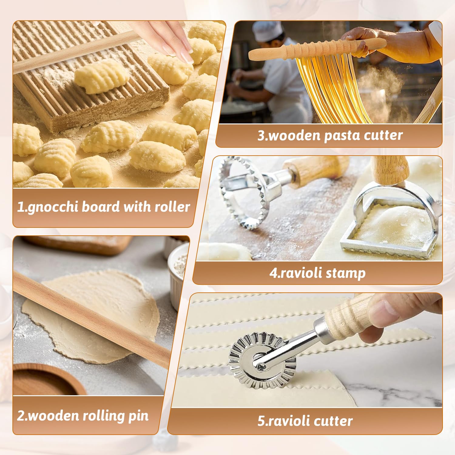 Mlesi 7 Pcs Pasta Making Tools, Wooden pasta kit with Rolling Pin, pasta cutter, Gnocchi Board, Ravioli Stamp, Homemade Noodle Dumpling Pasta Making Accessories