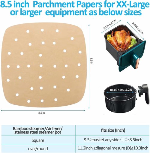 Air Fryer Parchment Paper Liners - 200PCS 8.5-Inch Square Perforated Bamboo Steamer Liners