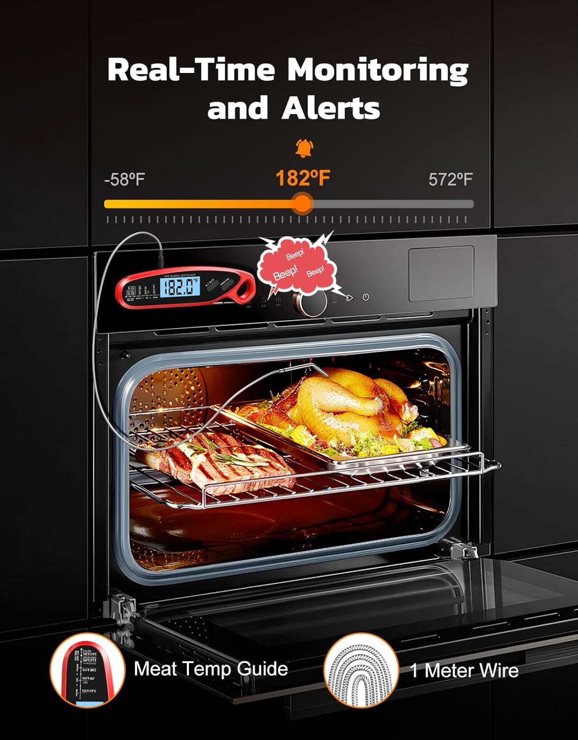 Skiennix Instant Read Meat Thermometer - Dual Probe Digital Cooking Thermometer with Large Backlit Display | Perfect for BBQ, Grill, Oven, and Frying