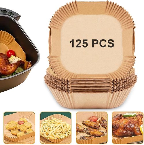 Air Fryer Paper Liners - 125PCS Non-Stick Disposable Baking Paper | Oil-Proof, Food Grade Parchment (8-Inch Square)