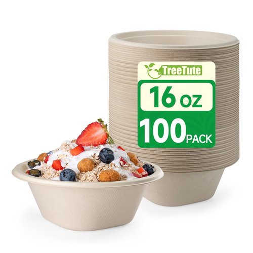 TreeTute 100 pack 16 OZ Paper Bowls,100% Compostable Disposable Heavy-Duty Soup Bowls,Heavy Duty,Eco-Friendly Biodegradable Sugarcane Bagasse Bowls Bulk for Hot Soup,Dessert,Milk,Cereals