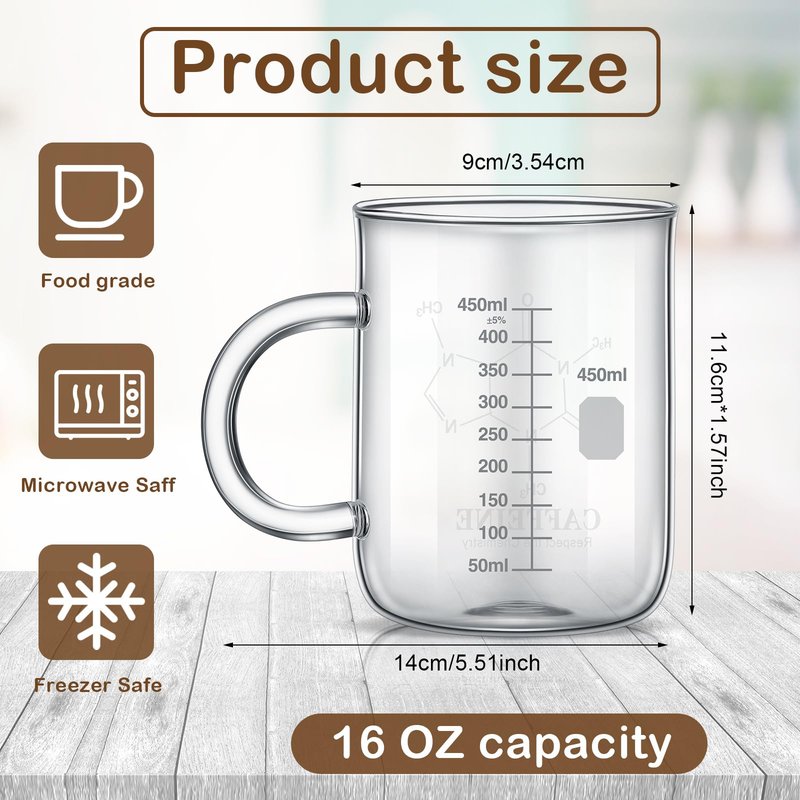 Hsei 4 Pack 16 oz Beaker Mug Caffeine Molecule Mug with Handle Laboratory Gifts Graduated Beaker Coffee Cup Borosilicate Glass Chemistry Cup, Measuring for Coffee, Latte, Tea, Hot Cold Beverage, 450ml