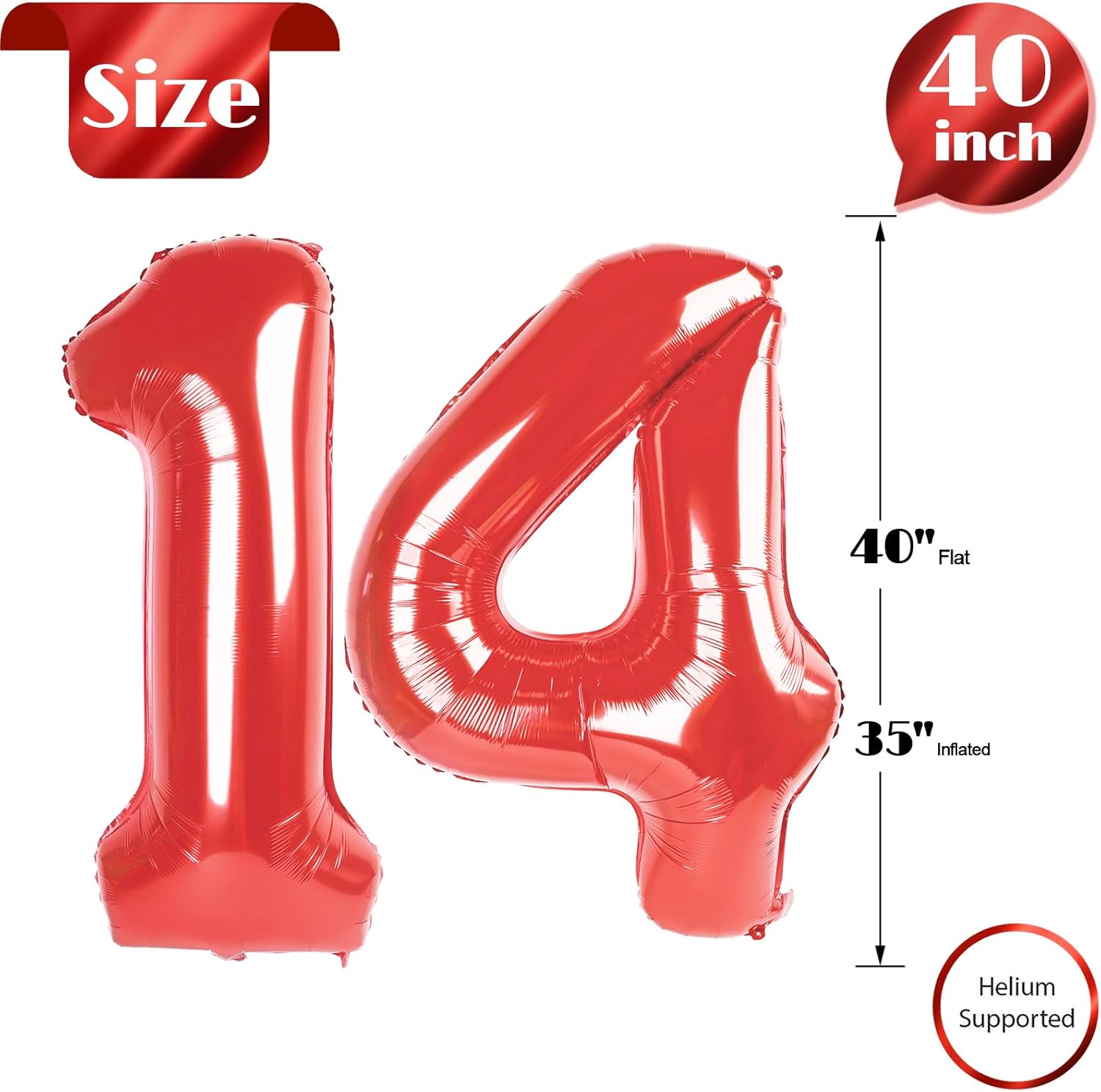 Red Number 14 Balloon - 40 Inch Birthday Decoration for 14th Year Celebration | Party Supplies for Boys & Girls