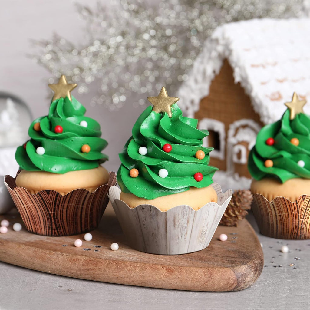 Skiennix Wood Grain Cupcake Wrappers - 120 Pcs Rustic Cake Liners for Baby Showers & Weddings | Woodland Theme