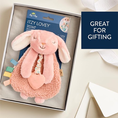 Itzy Ritzy - Itzy Lovey Baby Blanket with Teether - Soft Pink Bunny with Crinkle Sound & Textured Ribbons