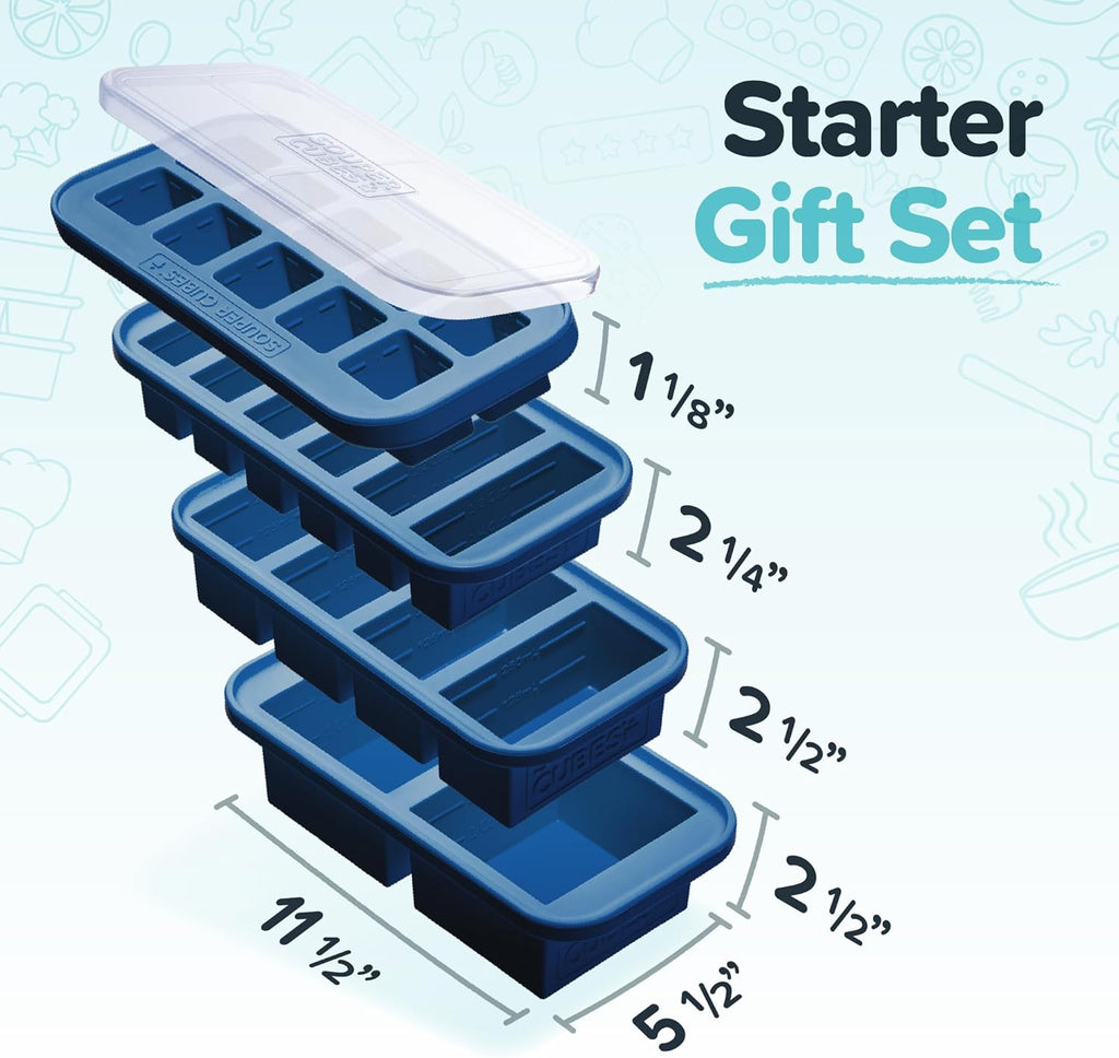 Souper Cubes Silicone Freezer Molds - Meal Prep Gift Set with 2 Tbsp, 1/2, 1 & 2 Cup Trays - Blueberry