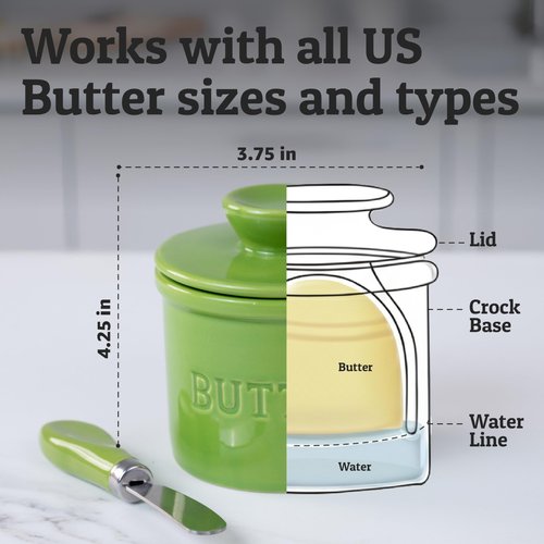 PriorityChef Butter Crock with Lid with Water Line, Ceramic French Butter Dish to Leave On Counter, Green
