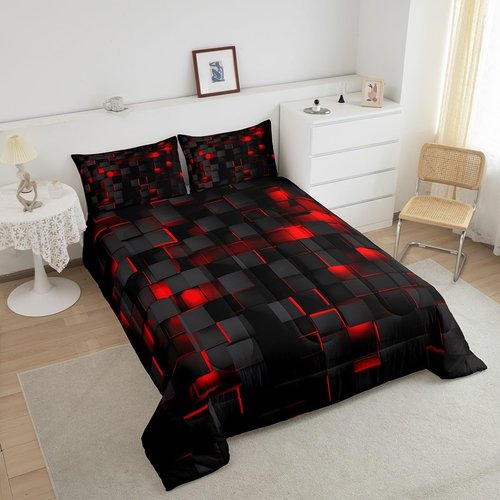 Feelyou Red and Black Bedding Set Queen Size Light Geometric Comforter Set for Kids Boys Girls Decor Comforter Modern Duvet Set