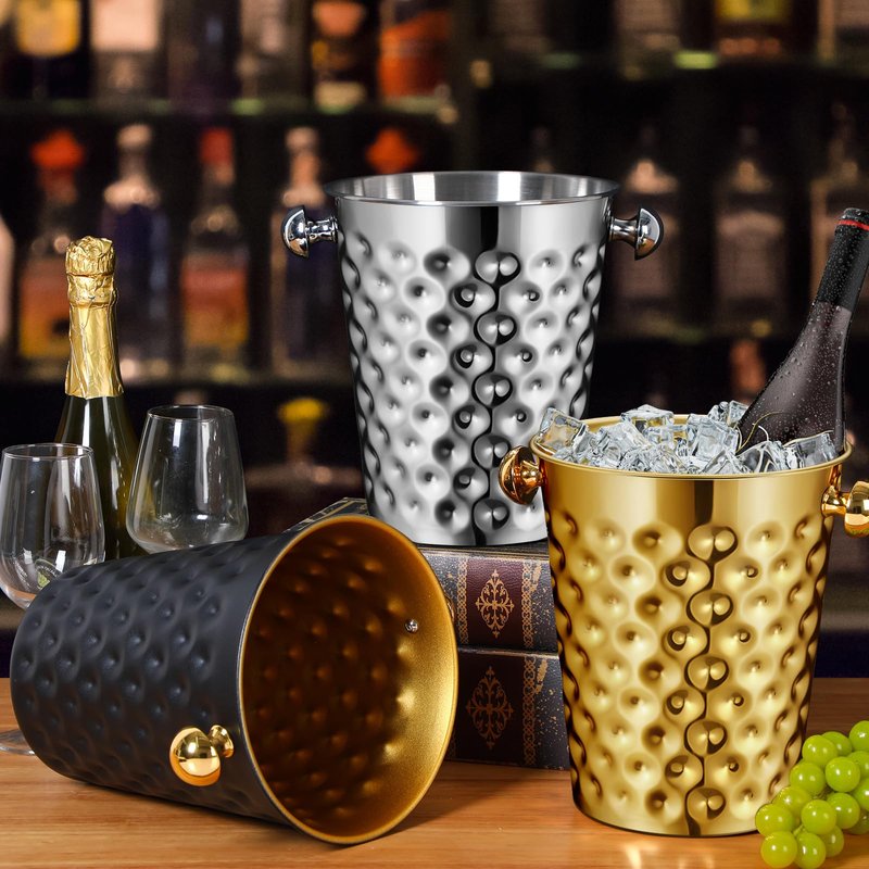 MorningRo 2 Pcs Gold Metal Champagne Ice Bucket 4.7 L Stainless Steel Doublewall Wine Ice Bucket for Bar, Party, Wedding, Banquet, Outdoor, BBQ(Hammer Texture)