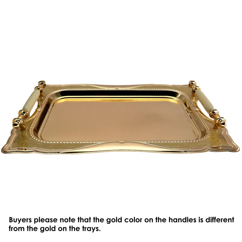 Maro Megastore 14.2 inch x 10.2 inch Rectangular Iron Gold Plated Serving Tray with Handles Floral Amber Edge Decorative Party Candles Birthday Buffet Decor Platter Plate Base Dish FST-024