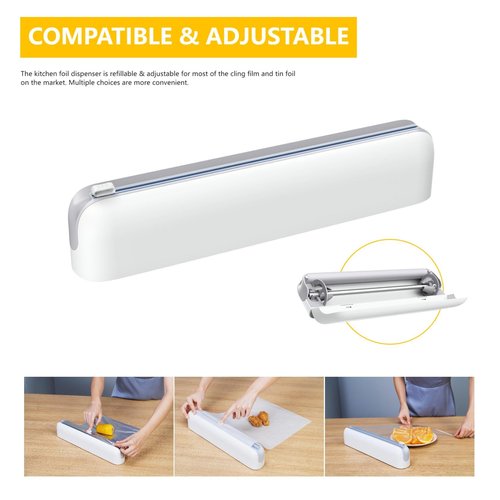 Quasziwa Aluminum Foil & Plastic Wrap Dispenser with Cutter - Easy One-Hand Operation, Space-Saving Kitchen Organizer for Worktops & Cabinets, Magnetic Cling Film Dispenser - Fits 12" Rolls, Gray