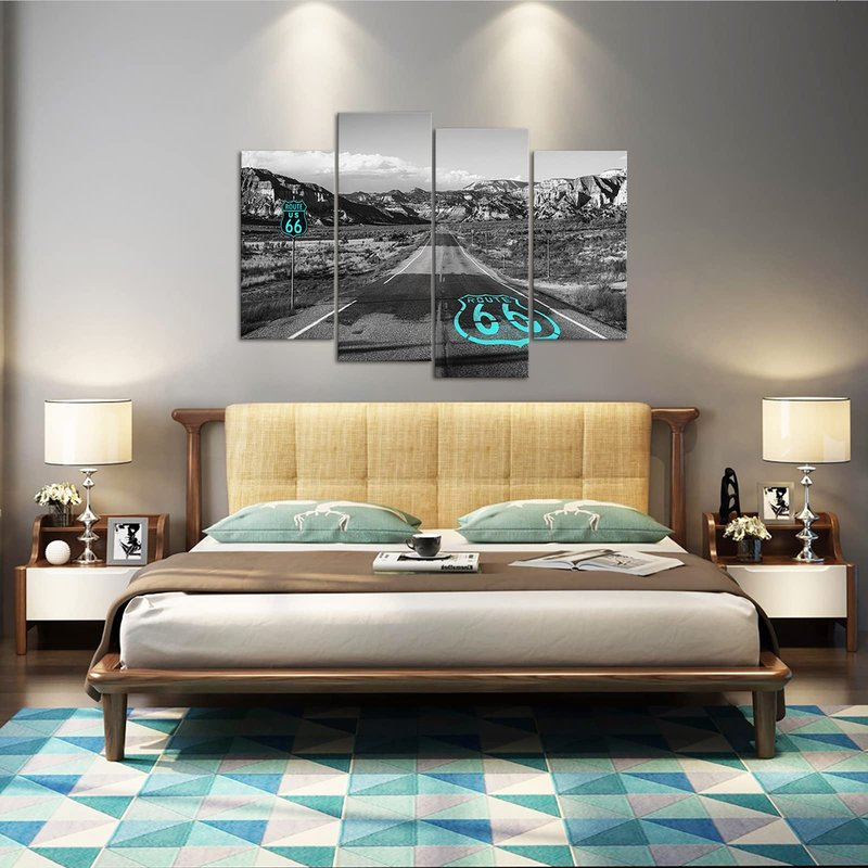 Route 66 Canvas Wall Art California's Mojave Desert Road Scenery Pictures Prints American Wild Western Mountain Painting Decor Framed Black Teal