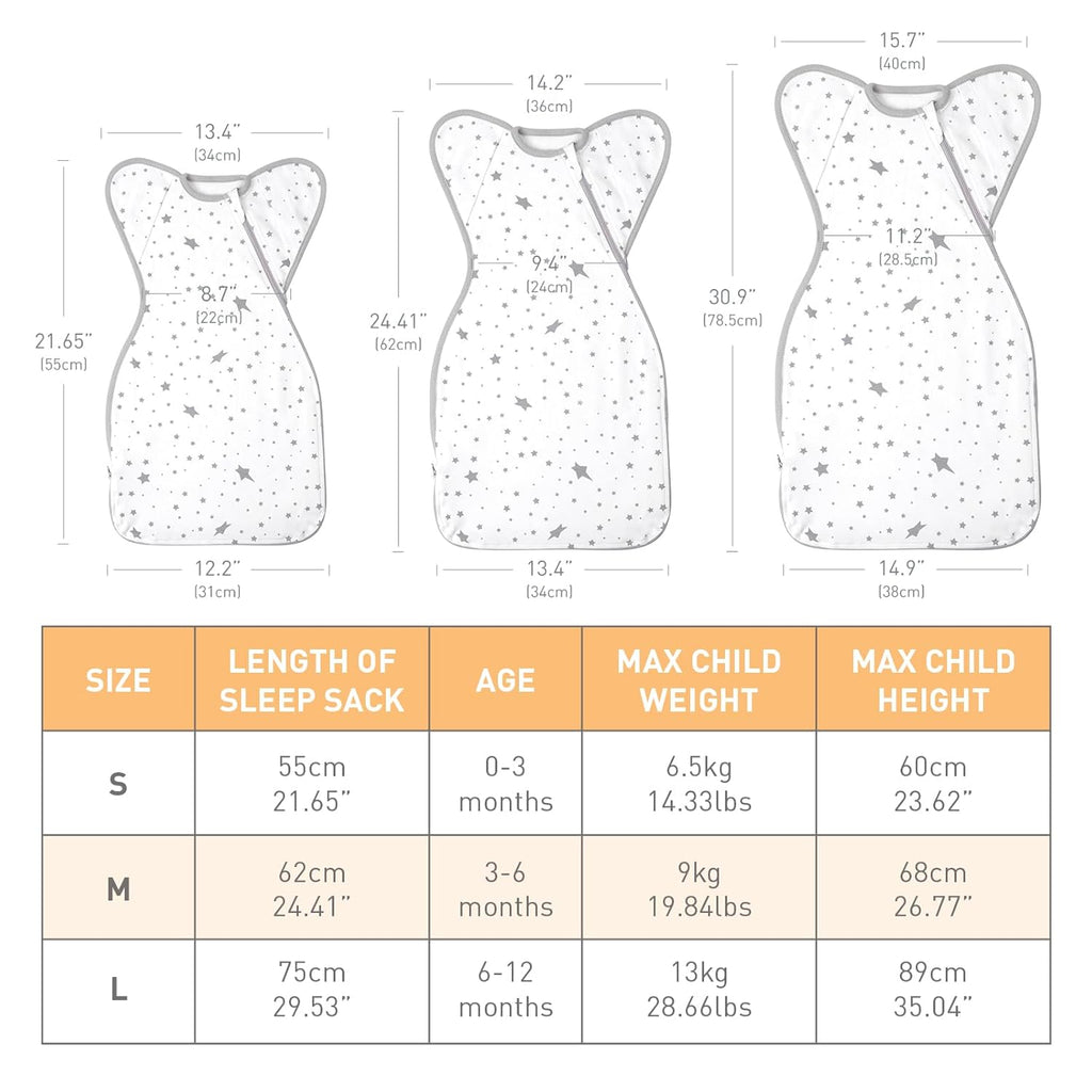 Skiennix Baby Sleep Sacks - 3-Way Transition Swaddle Blanket Set for Newborns (0-3 Months) - Soft Cotton, Arms Up Design