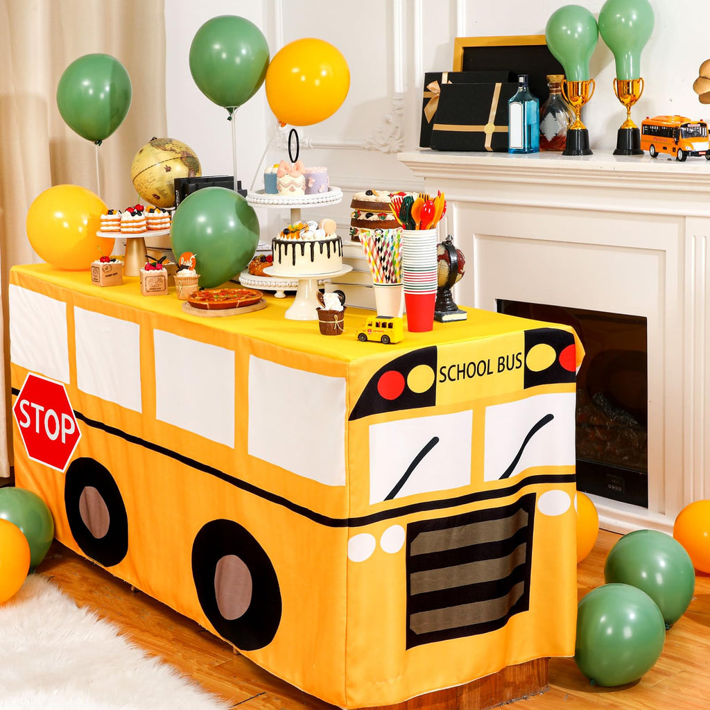 Oudain 6 ft School Bus Tablecloth Birthday Party Decorations Table Cover Washable Fabric Polyester Rectangle Teacher Appreciation Party Decoration First Day of School Table Cover Protector