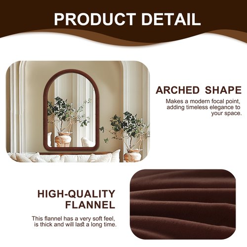 36"x24" Arched Bathroom Mirror, Wall Mounted Vanity Plush Flannel Frame Mirror for Bedroom, Entryway, Living Room, Dark Brown