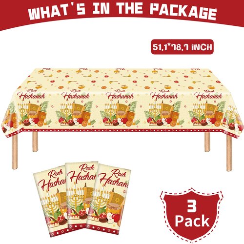 Ertyjikg 3 Pcs Rosh Hashanah Tablecloth Party Decorations Plastic Shana Tova Tablecover Backdrop Background Banner for Jewish New Year Party Decoration Supplies 51x87Inch