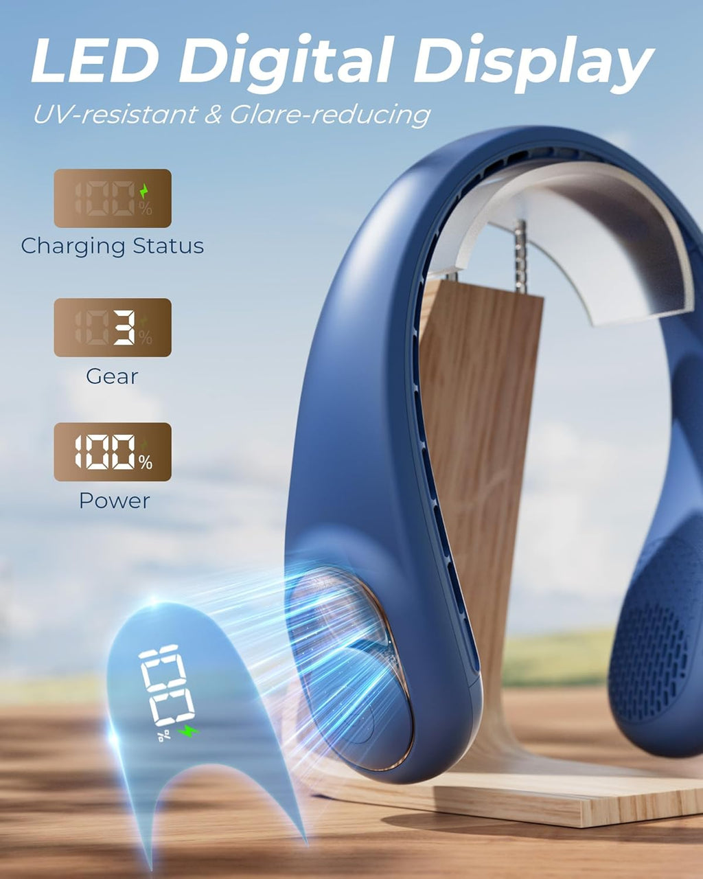 TUNISE Neck Fan - USB-C Rechargeable Personal Fan with LED Display, 4000mAh Battery, 3 Speeds, Whisper-Quiet