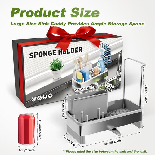 Ewaiira Stainless Steel Sink Caddy - Rustproof Kitchen Organizer with Sponge Holder & Brush Rack | Gray 9.8”