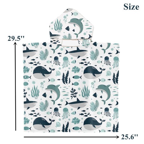 Irisbell Kids Hooded Beach Towel Cotton Blend Wearable Beach Towel with Hood for Kids Toddlers,Absorbent Soft Bath Towel Wrap Cartoon Swim Pool Bathrobe for Boys Girls (Sea Animals, 25.6'' x 29.5'')