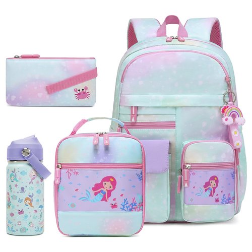 InduSKY Girls Backpack Set with 14oz Kids Insulated Water Bottle, Cute Rainbow School Backpacks for Girls with Lunch Bag Pencil Case, Kids Backpack Kindergarten Elementary Middle School Bags Book Bags