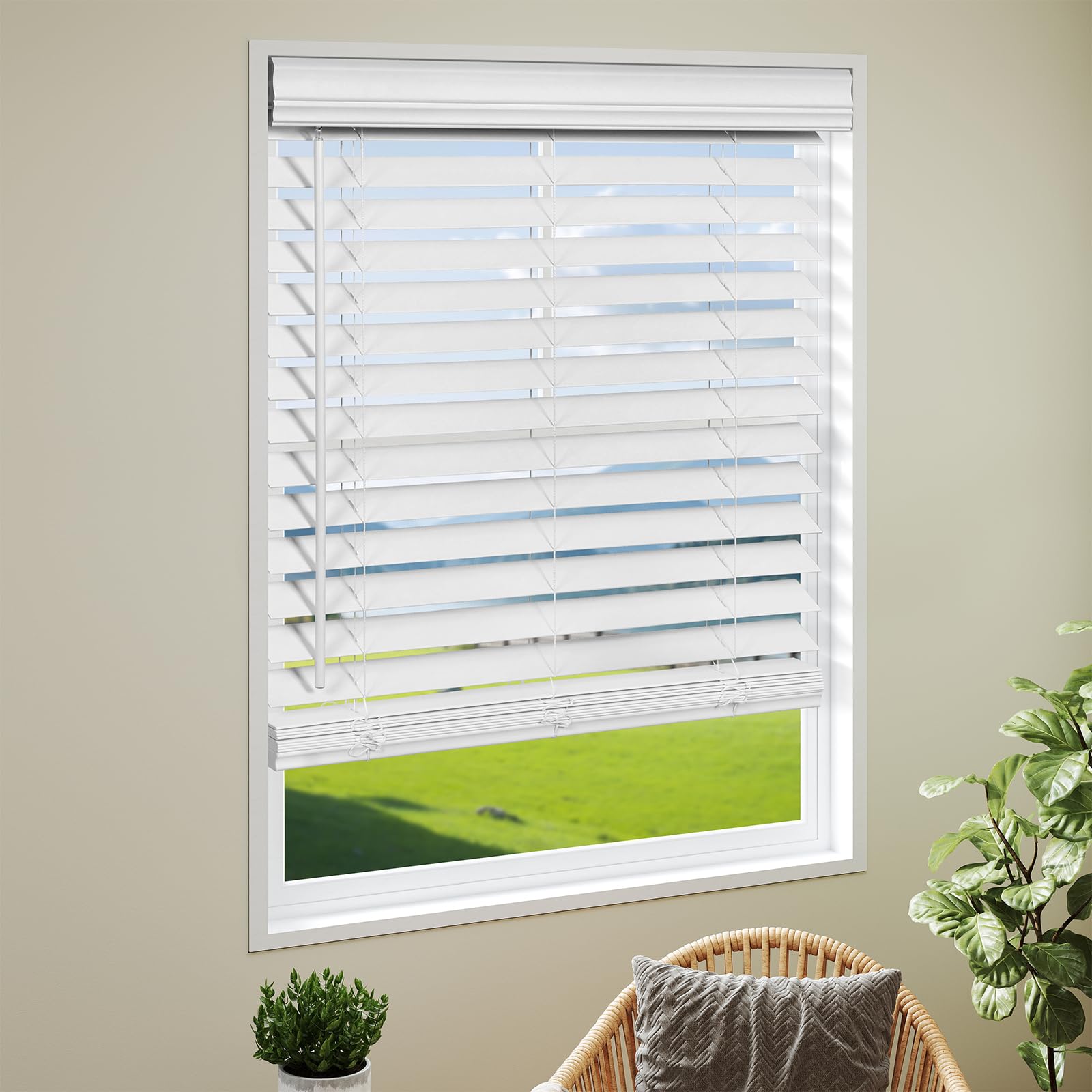 SEEYE 2 Inch Faux Wood Blinds for Indoor Windows with Crown Valance, Cordless Room Darkening Window Blind, 26" W x 60" H, Horizontal Wooden Shades for Bedroom, Kitchen, Office, Doors, White