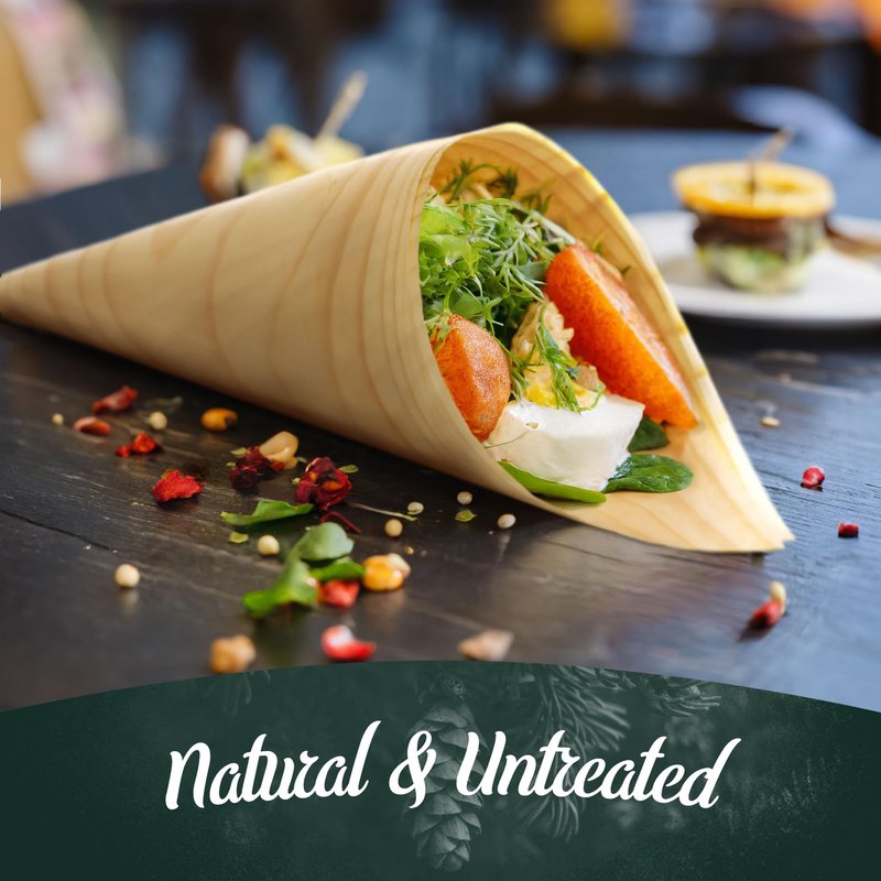 BambooMN - Disposable Food and Appetizer Wood Cones - 7.9" x 3" - 100 Pieces