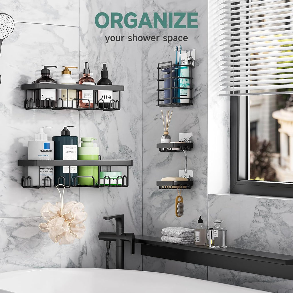 Veken Shower Caddy - Rustproof & Waterproof Adhesive Corner Shelves | 5-Pack Large Bathroom Organizer - Black