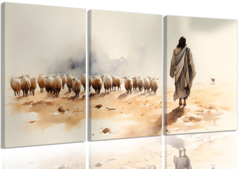 3Pcs Jesus And Lamb Canvas Wall Art Jesus Left 99 Lost Lambs Wall Decor Pictures Christian Spiritual Healing Posters Prints Paintings for Living Room Bedroom Church Prayer Room Artwork Home Decoration