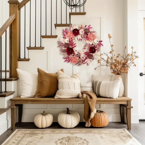 Briful 26" Artificial Fall Wreath with Velvet Pumpkins, Chrysanthemums & Pink Maple Eucalyptus Leaves – Soft Blush Autumn Wreath for Front Door, Fireplace, Wall Decor