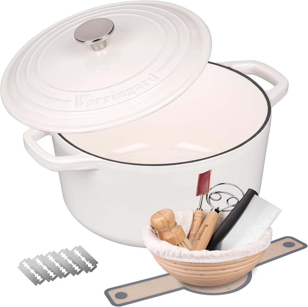 VORRINGARD Enameled Cast Iron Dutch Oven - Perfect for Sourdough Bread Baking | 6QT, White