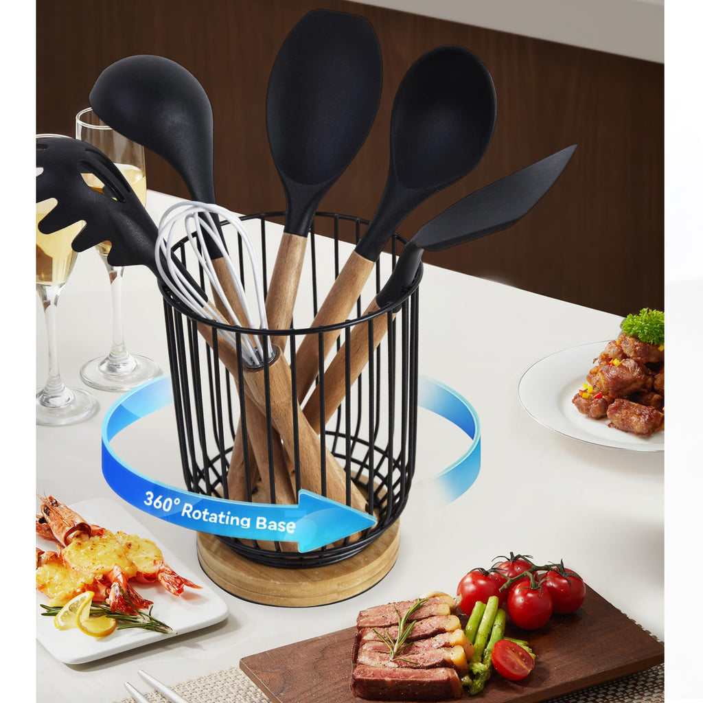 WDT Tool Utensil holder for Kitchen Counter，Large Utensils Holder For Farmhouse Cooking, Utensil Caddy Spatula Holder (Rotating+Metal+Bamboo-1)