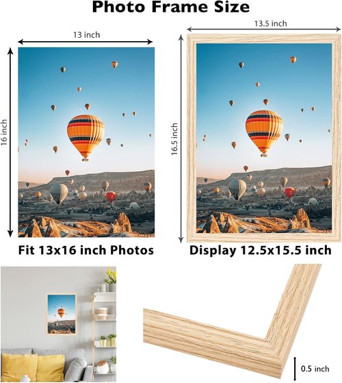 JCJMY 13x16 Picture Frame - Versatile Wall Mounting for Horizontal or Vertical Display | Natural Finish with Shatter-Resistant Plexiglass