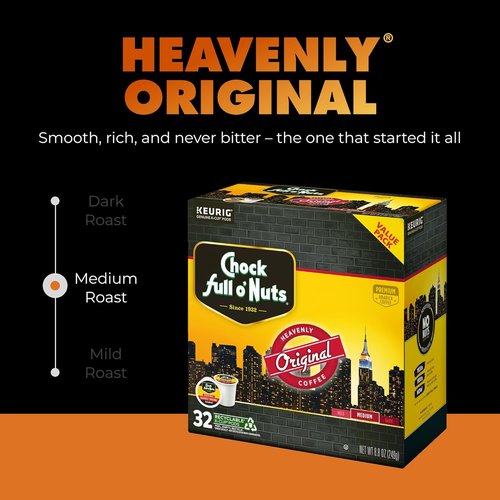 Chock Full o' Nuts Keurig K-Cup Pods - Premium Arabica Medium Roast - Single Serve, 32 Count