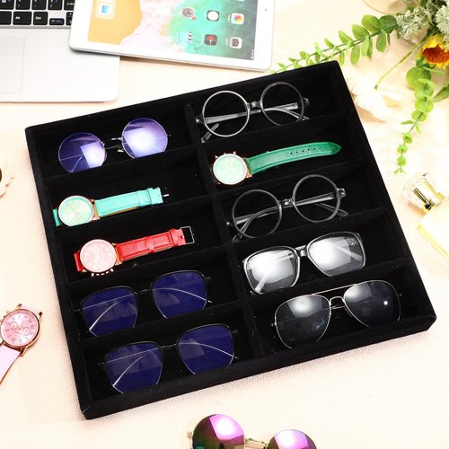 Batiyeer Sunglasses Organizer Storage Tray 10 Grids Eyewear Watch Holder Display Stackable Ice Velvet Tray Women(Black,4 Pcs)