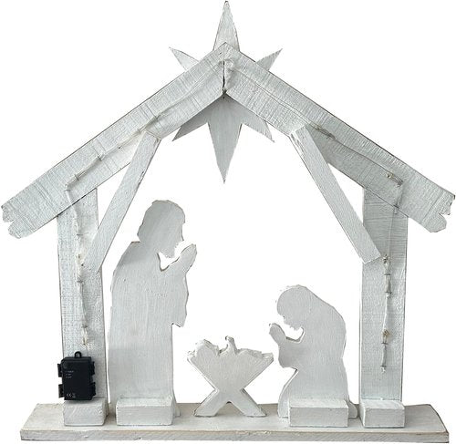 Hi-Line Gift Ltd 30-Inch Lighted Wooden Nativity Family | Battery Operated Christmas Decor with Timer