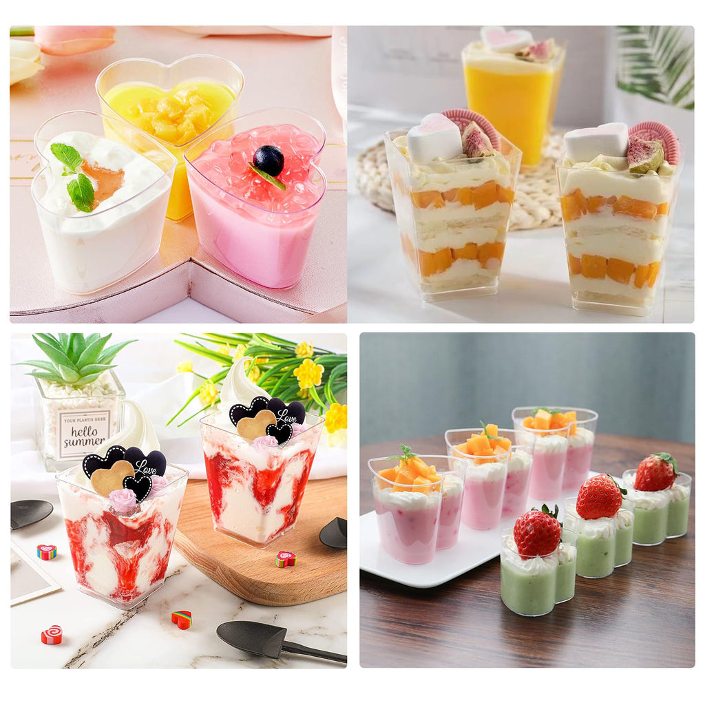 Ahongwenxi 300 Pack Mini Dessert Cups with Spoons, 5 OZ Clear Plastic Dessert Parfait Cup Appetizer Cup for Party, Mini Reusable Square Heart Dessert Cups for Fruit Ice Cream Pudding Cup Bowls
