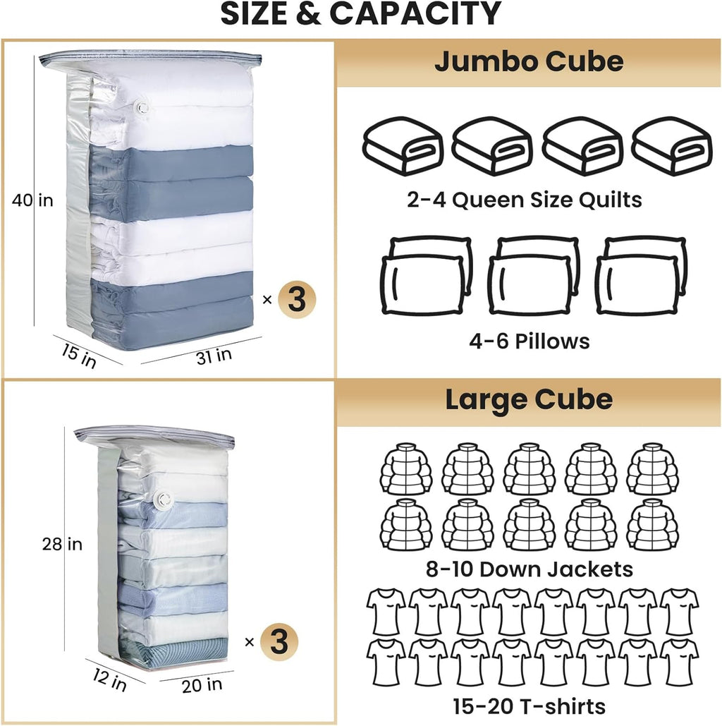 TAILI Vacuum Storage Bags - 6 Pack Combo (3 Jumbo + 3 Medium) for Bedding, Clothing & Comforters