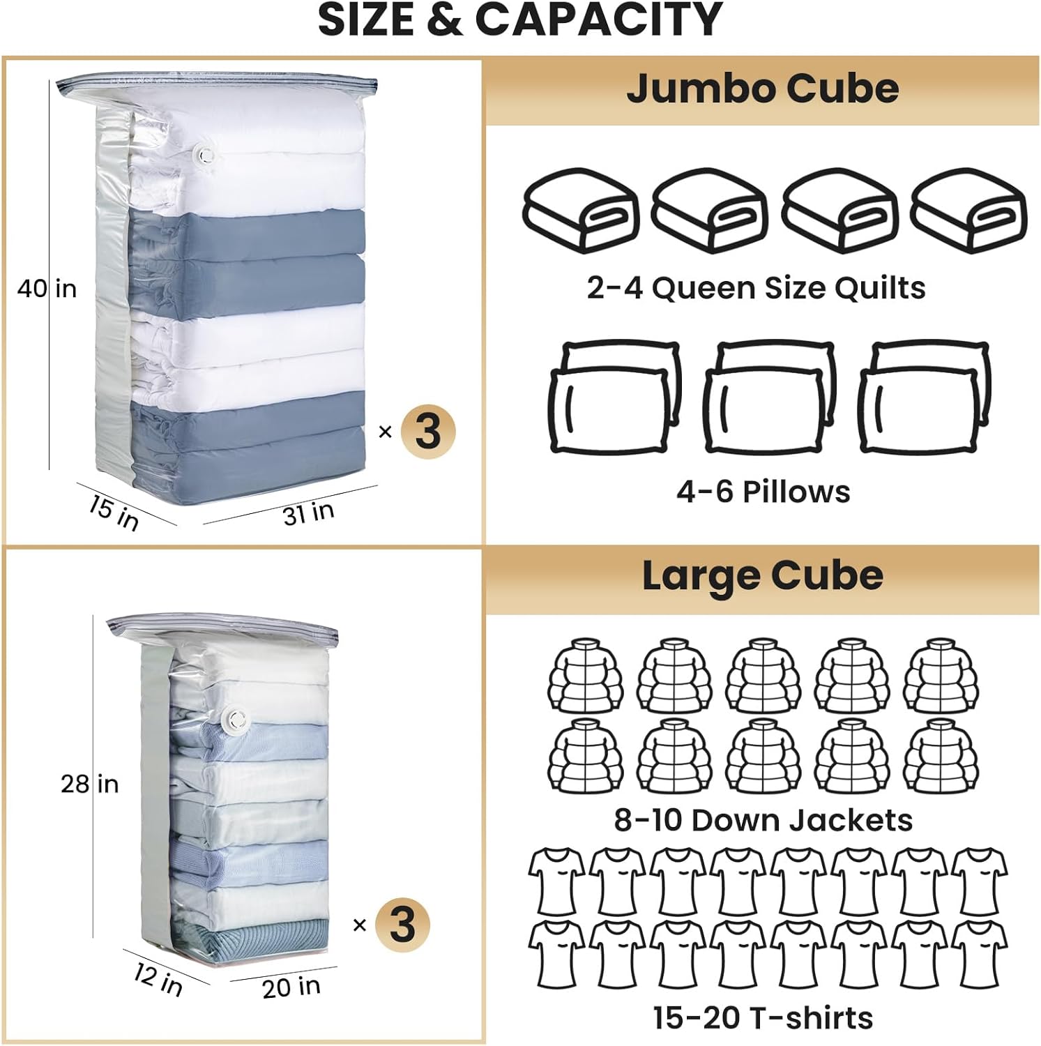 TAILI Vacuum Storage Bags - 6 Pack Combo (3 Jumbo + 3 Medium) for Bedding, Clothing & Comforters