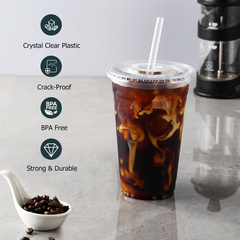 AOZITA [100 Sets] 20 oz Clear Plastic Cups With Lids and Straws, Iced Coffee Cups Disposable Cups for Iced Coffee, Smoothie, Milkshake and Cold Drinks