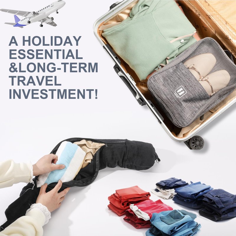 WEEAEEW Stuffable Travel Pillow for Extra Luggage, Velvet Travel Neck Pillow Storage Bag with Adjustable Neck Size, Fits Up to 3 Days Travel Essentials Multifunctional U-Shapes Pillow