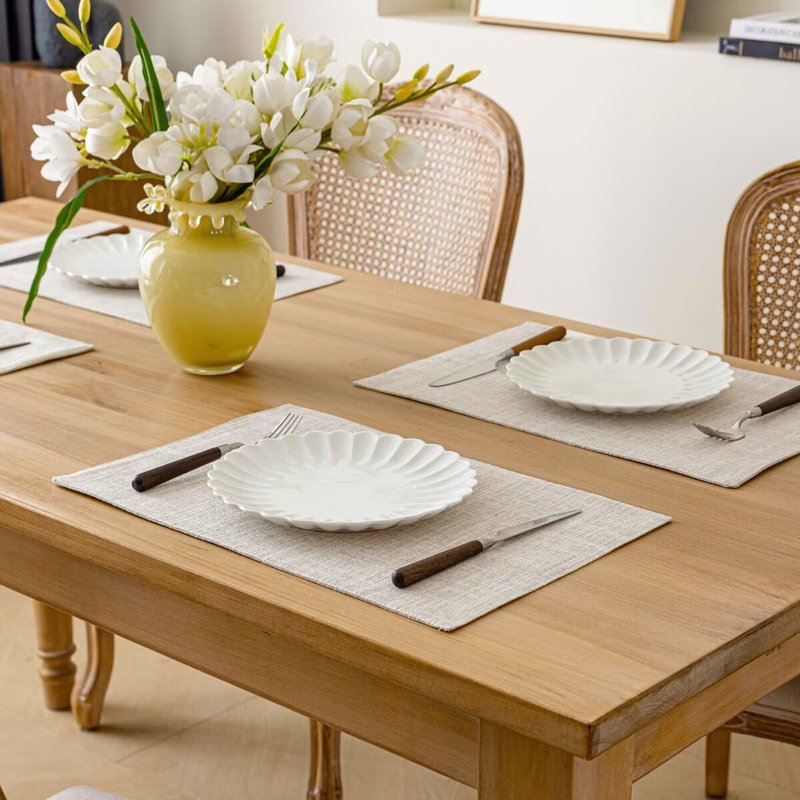 Aironment Placemats Set of 6, Bilayer Thickened Linen Place Mats Heat Resistant Machine Washable Wrinkle Free Carefully Selected Polyester Mats for Kitchen/Dining/Coffee Table (Cream Beige)
