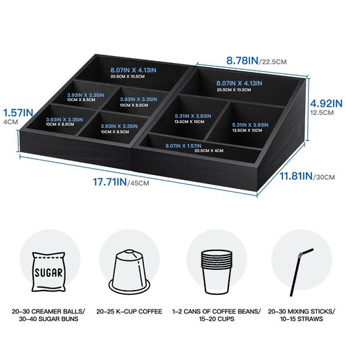 MINCORD Coffee Station Organizer Coffee Condiment Service Tray with 9 Compartment for Counter, Wood Coffee Bar Supplies Organizer for Home Office Breakroom Two-in-One Black