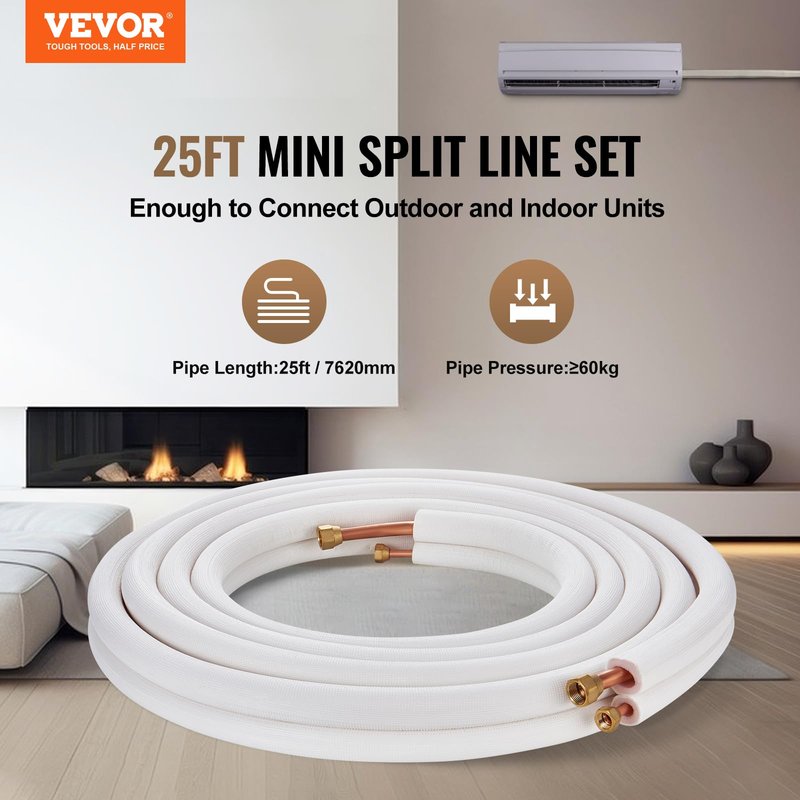 VEVOR 25FT Mini Split Line Set, 1/4" & 1/2" OD Copper Pipes, Triple-Layer Insulated Refrigerant Tubing with Wrapping Strips for HVAC AC Heat Pump